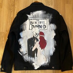 Black Denim Jacket with Artistic Skull Design